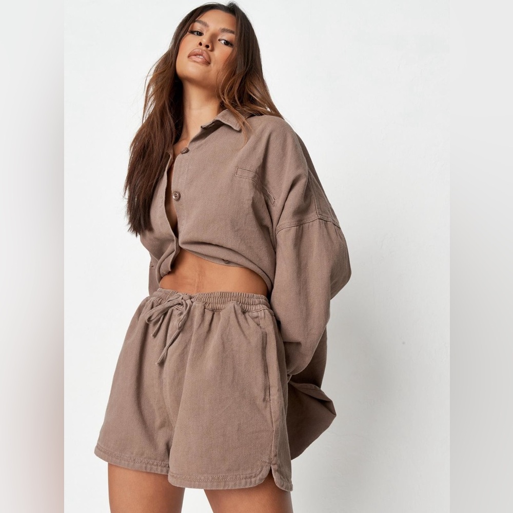 Missguided Brown Button-Up Shirt And Short Set